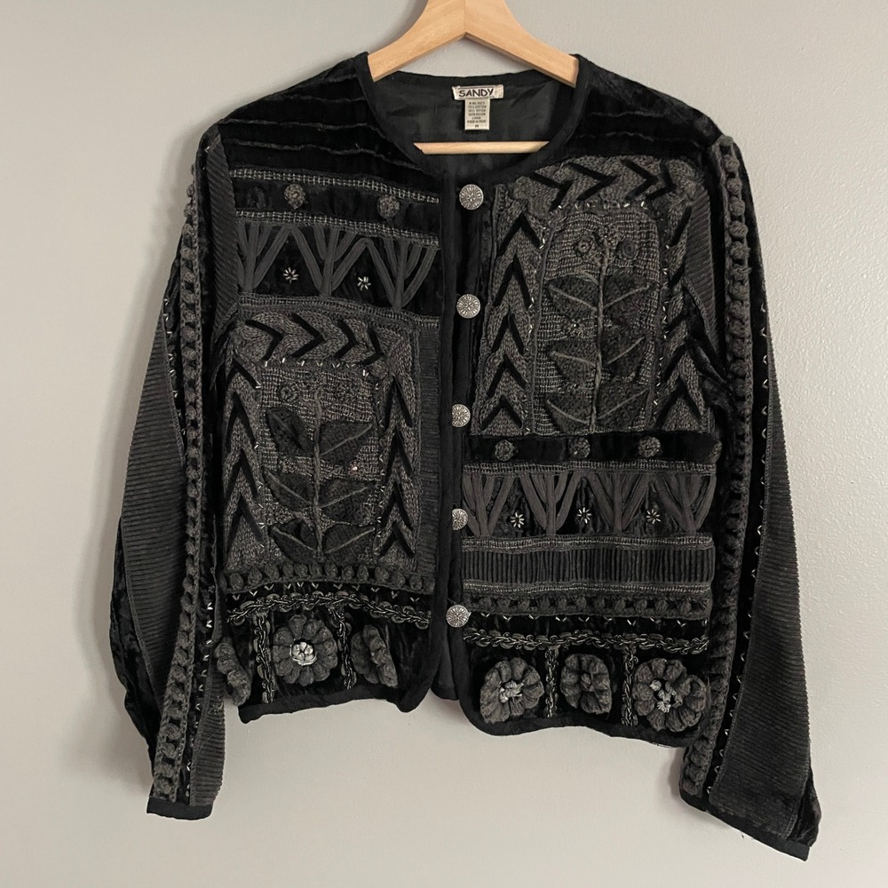 Sandy Patchwork Cardigan Jacket Womens Medium Black Boho Velvet Beaded Artisan